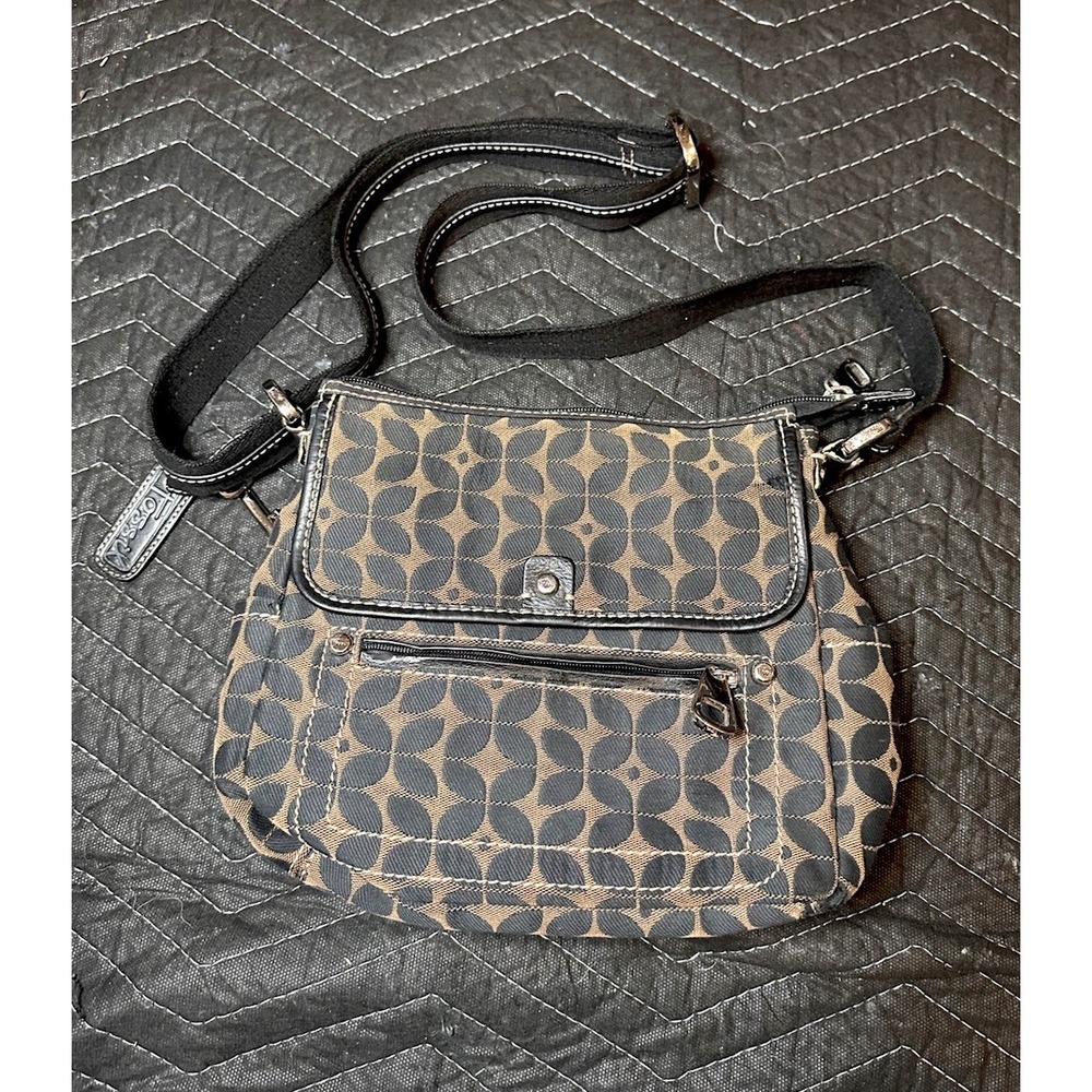 Fossil Canvas Leather Trim Black/Brown Signature Crossbody Bag Adj Strap Y2K